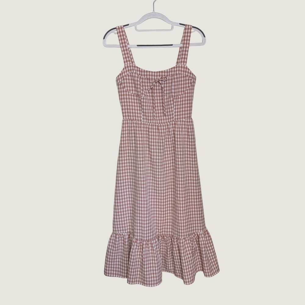 Sundays Anthropologie Cottagecore Pink Gingham Midi Dress Square Neck Small